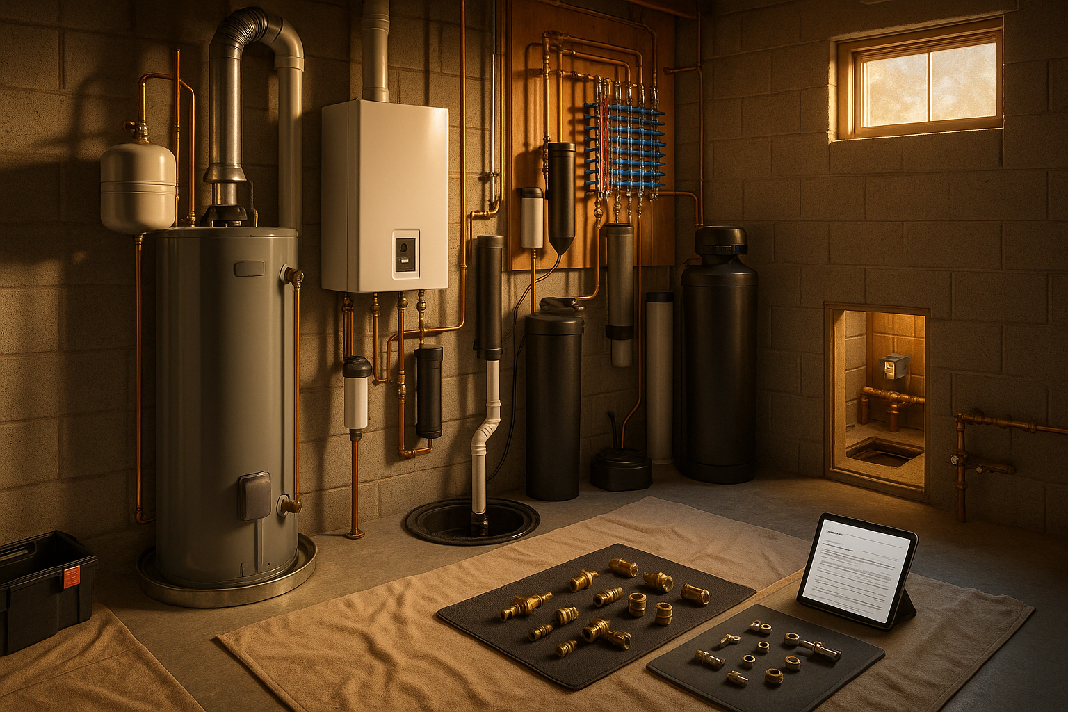 Basement mechanical room with tank & tankless heaters, PEX manifold, sump pump backup, soft golden-hour light.