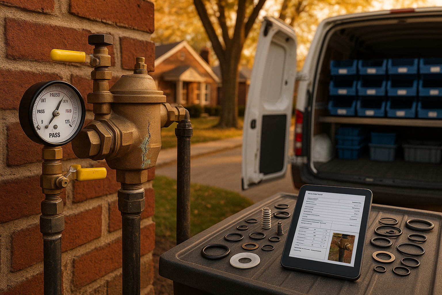 RPZ backflow with test gauge, van bed of OEM parts and tablet report, warm golden hour on Indianapolis bungalow street.