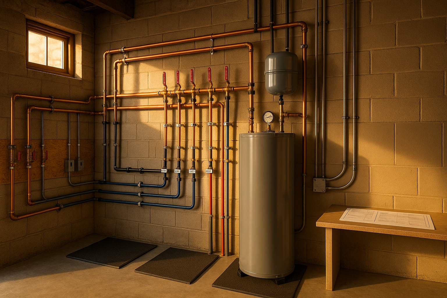 Tidy mechanical room with labeled shutoffs, copper and PEX runs, expansion tank, pressure gauge, warm window light.