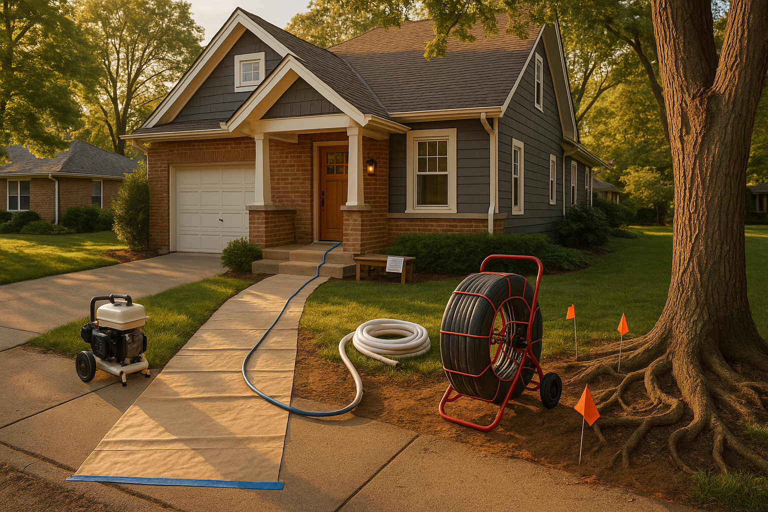 Carmel house exterior at golden hour with trenchless gear on driveway, taped entry, clay soil and flagged tree-root area.