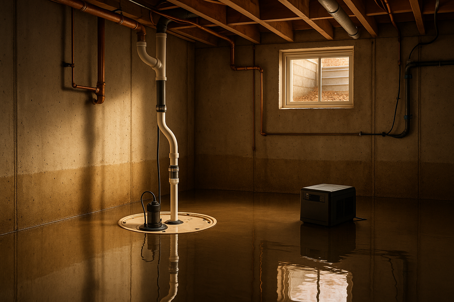 Basement with standing water, waterline stains, sump pit with float, sloped discharge and check valve, battery backup; warm window light.
