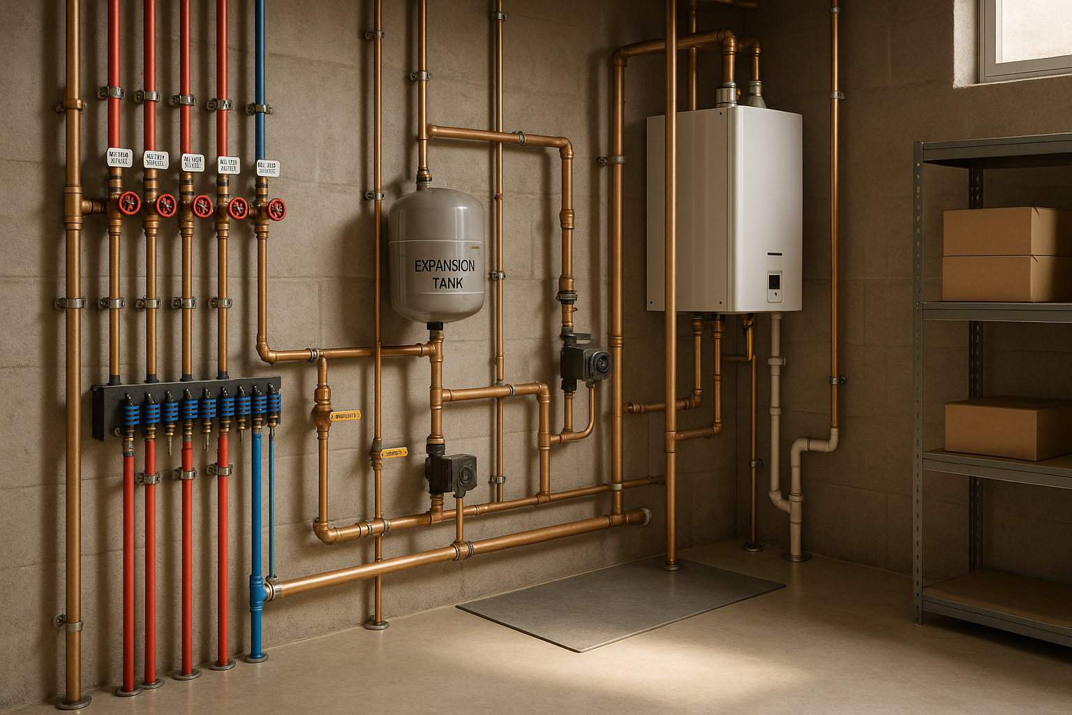 Basement mechanical room with labeled manifolds, tidy PEX/copper runs, expansion tank and recirc pump, warm daylight, concrete floor.