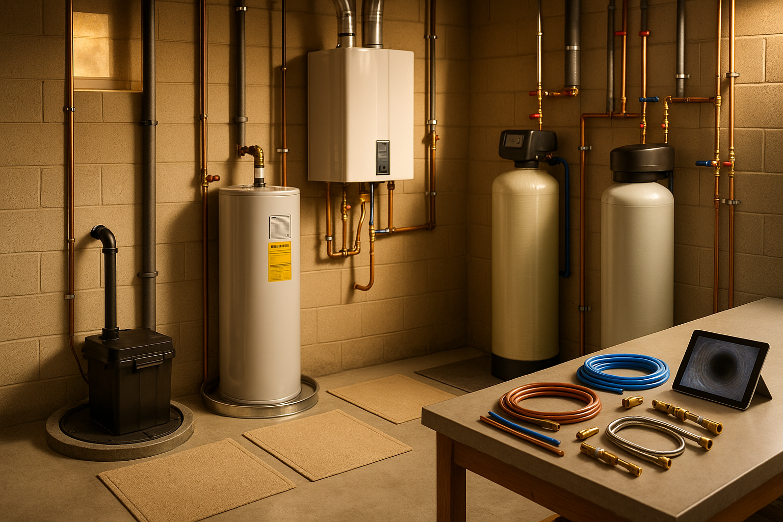 Basement utility room with sealed-lid sump pump, tank and tankless heaters, water softener, insulated pipes, tablet, warm daylight.