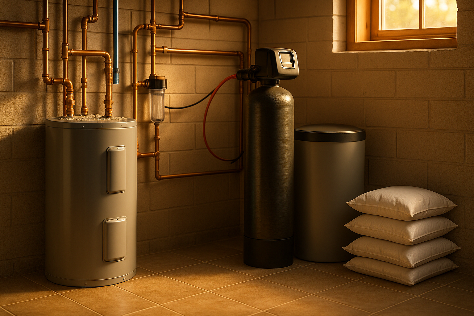 Basement utility corner with water heater, ion-exchange softener, brine tank and tidy piping in warm daylight.