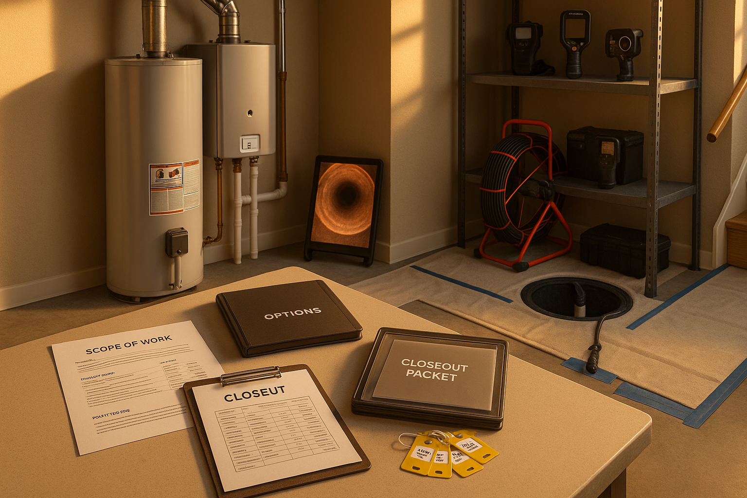 Utility room with printed scope, monitor showing sewer footage, water heater tank and tankless unit, sump basin, tools, warm golden-hour light.