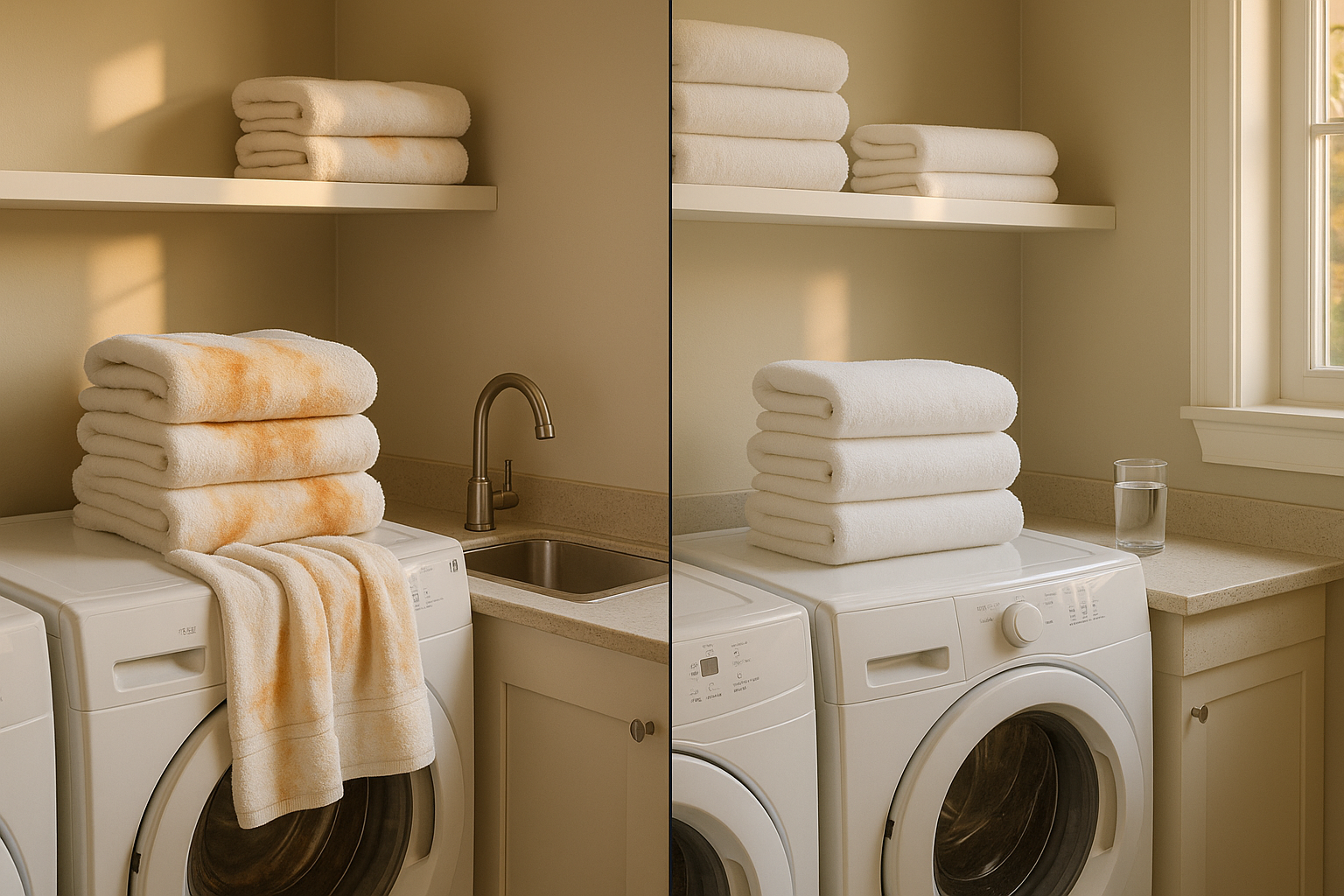 Split laundry room: orange-rust stained towels left, pristine white towels right, warm natural light, stainless and porcelain surfaces.