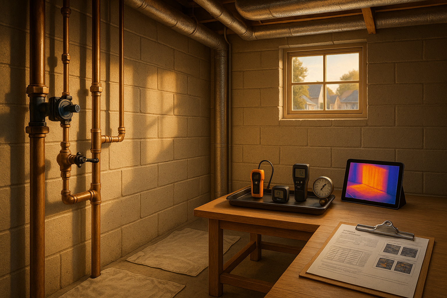 Basement mechanical room with insulated pipes, automatic shutoff valve, diagnostic tray, tablet thermal image and clipboard report in warm daylight.