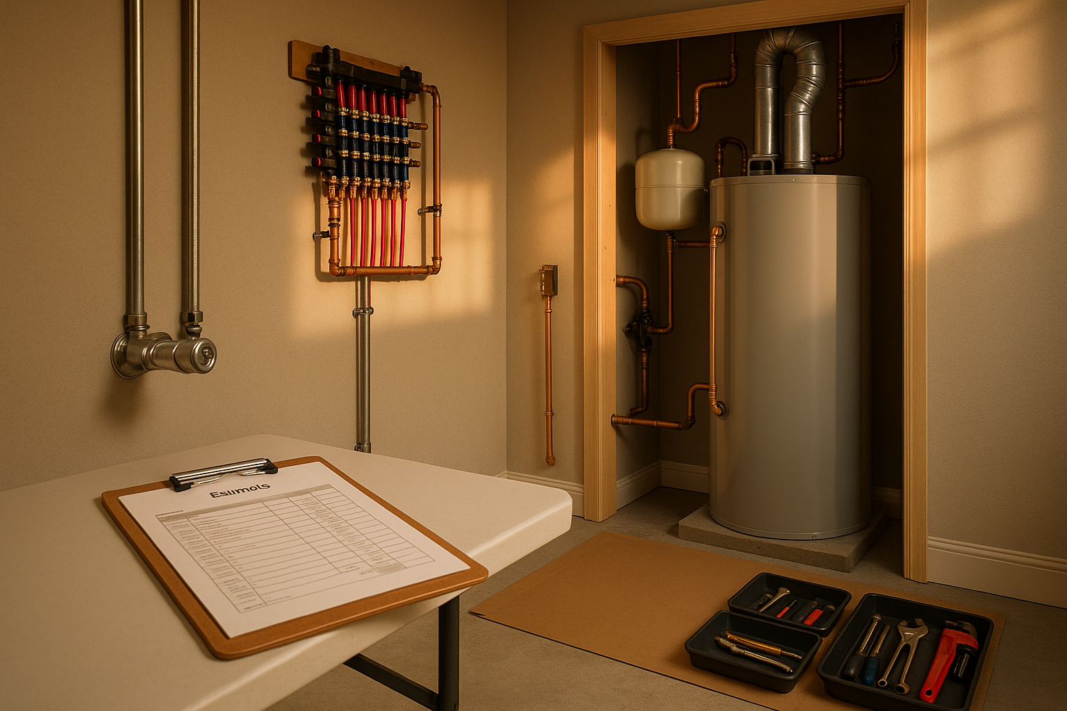 Tidy Noblesville utility room with tank heater, PEX manifold, stainless braided supply lines, clipboard estimate, warm golden-hour light.