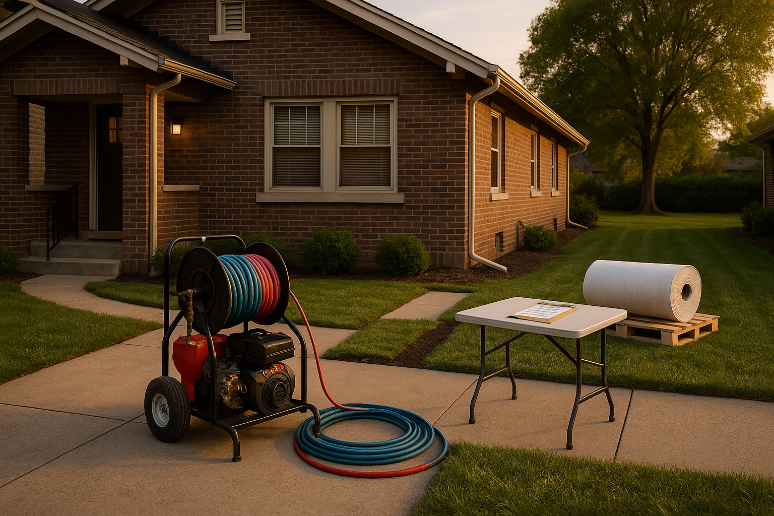Driveway at golden hour with hydro-jetter, trenchless liner roll, restored lawn patch, and stamped permit packet on table.