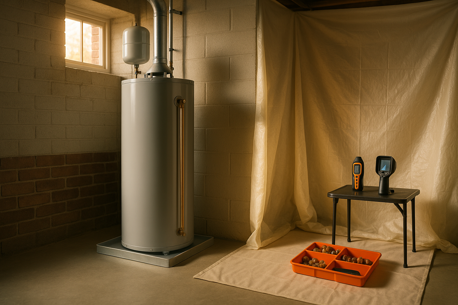 Finished basement water heater with expansion tank, T&P pan, venting, warm golden-hour light, tidy protected work area.