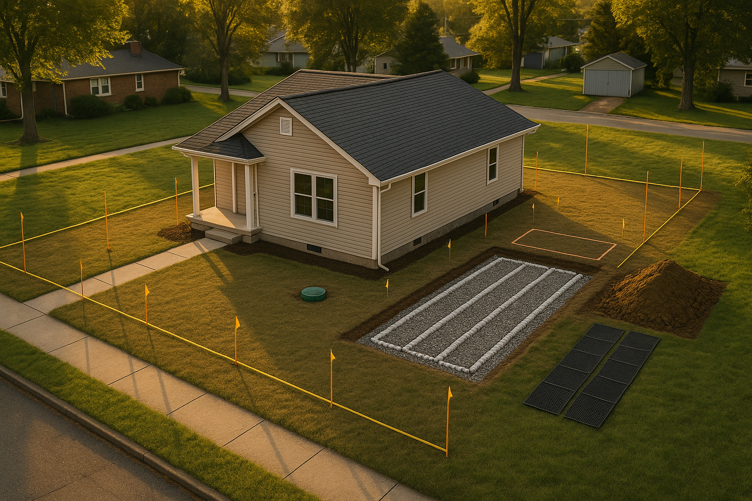 Aerial golden-hour view of suburban lot with house, septic riser, stone-and-pipe and chamber drain field, seeded yard.