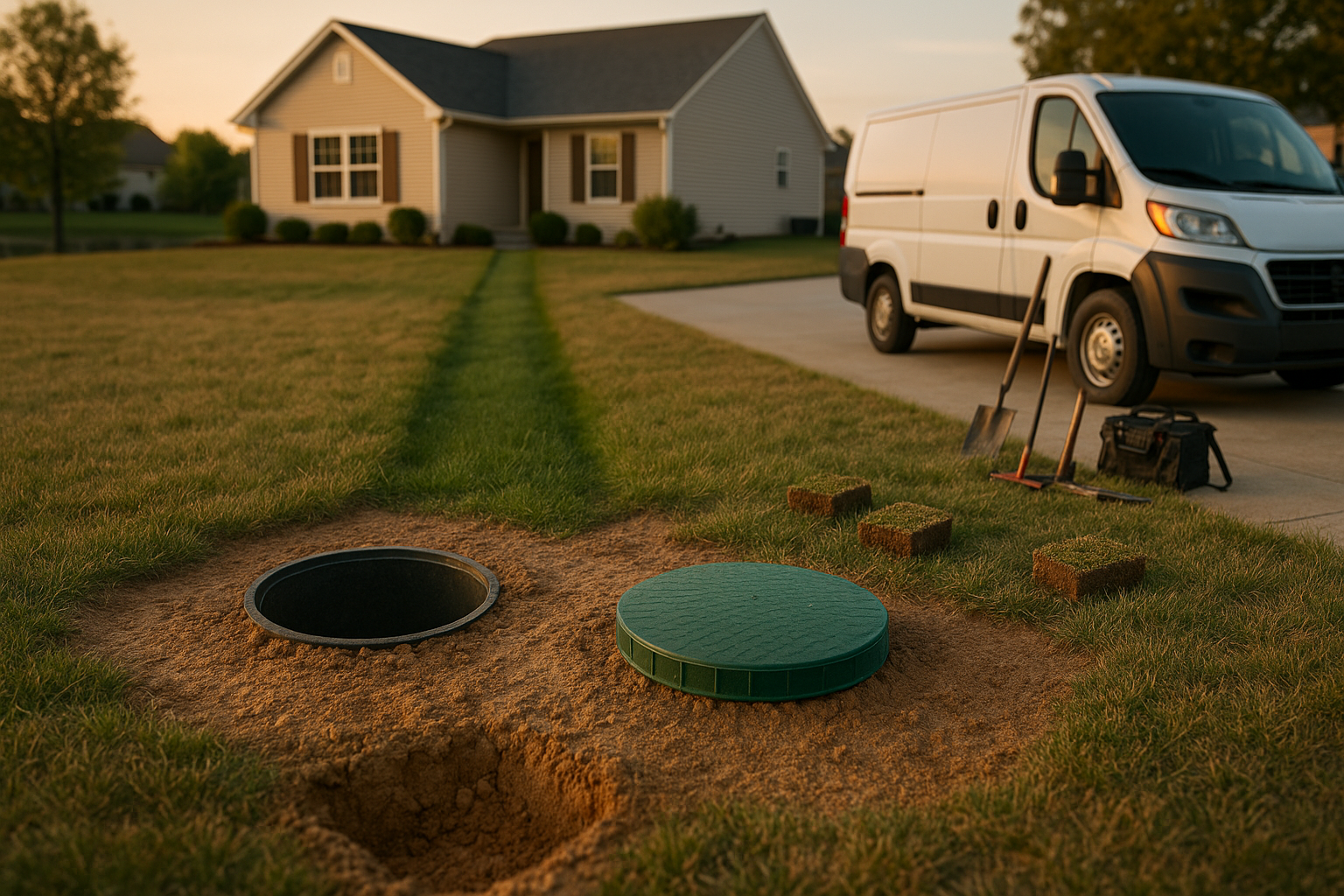 Wide golden-hour backyard view with open and closed septic risers, sod plugs, service vehicle, and wet drainfield stripe.