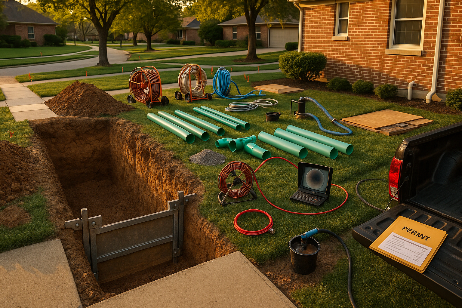 Indianapolis yard with shored open trench, trenchless pits, pipe materials, camera monitor, dewatering and restored sod at golden hour.
