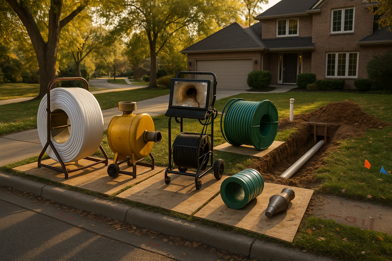 Golden-hour driveway scene with CIPP reel, camera monitor showing root-intruded pipe, HDPE spool, open trench and protection mats.