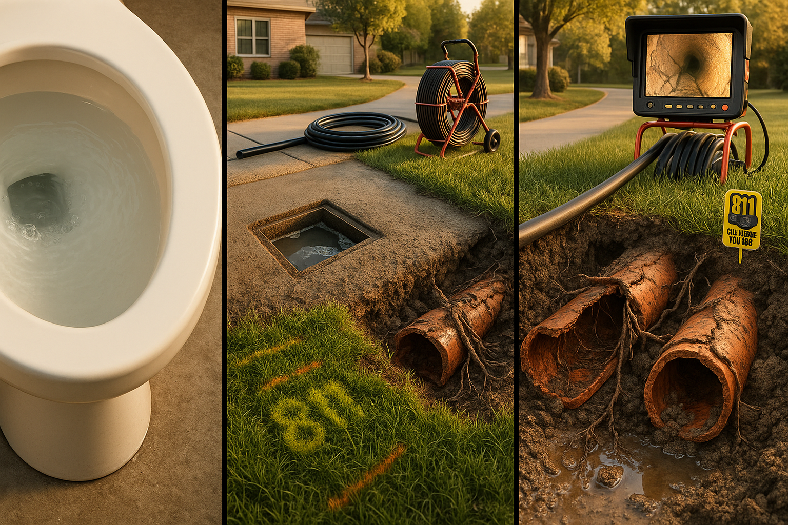 Split-frame golden-hour scene: toilet ripples, basement drain backup, exposed cracked sewer pipe, roots, soggy green lawn, pipe equipment, monitor.