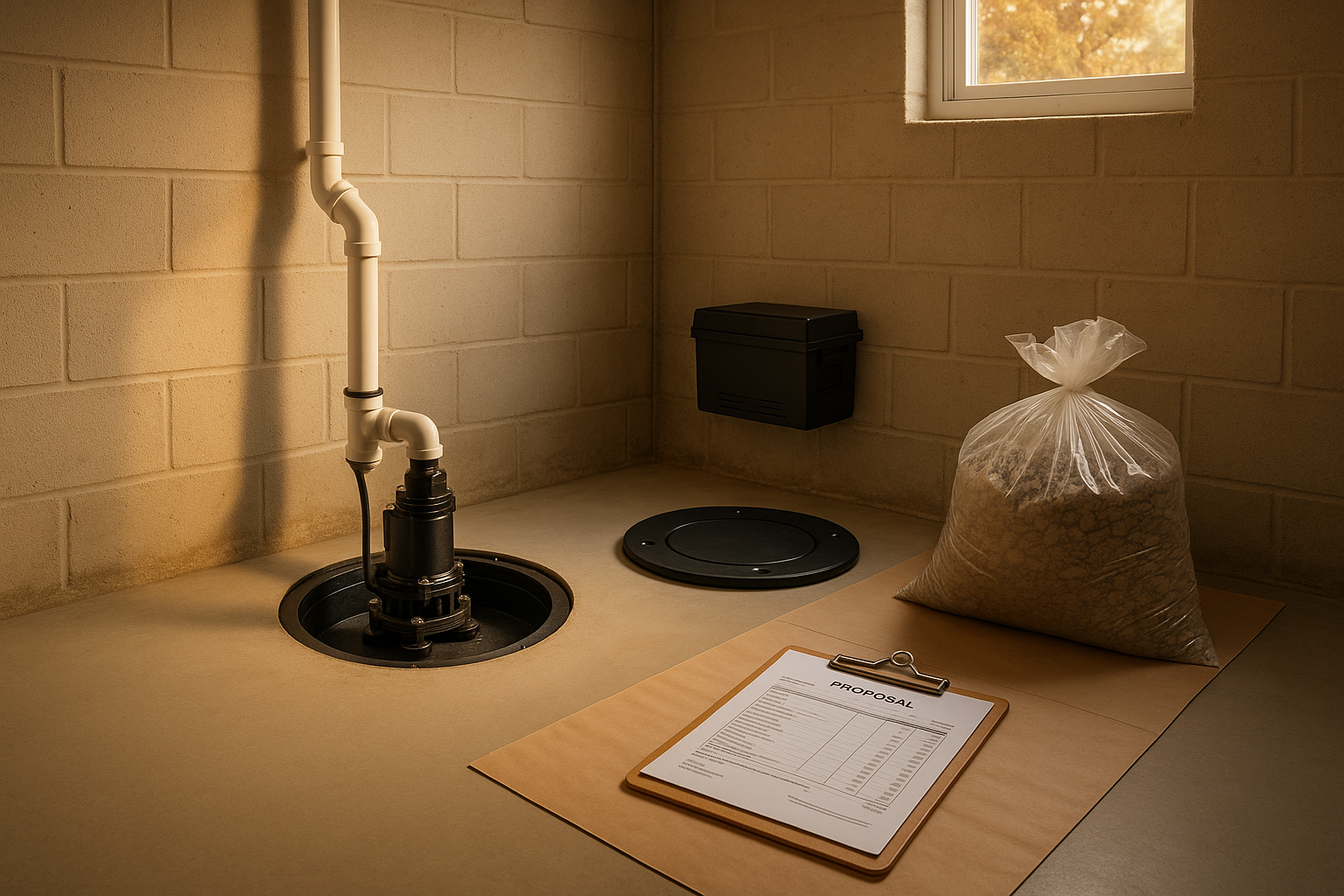 Finished basement with flush-mount sealed sump basin, cast-iron pump, PVC discharge and battery backup in warm golden-hour light.