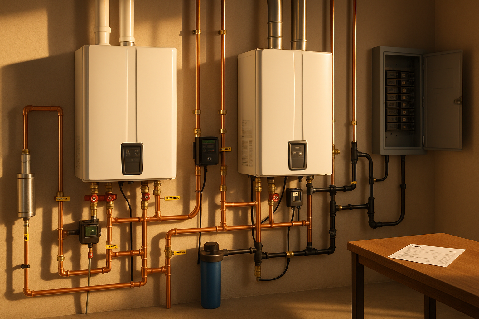 Mechanical room with condensing and non‑condensing tankless units, labeled piping, recirc pump, softener, electrical panel, invoice, warm daylight.