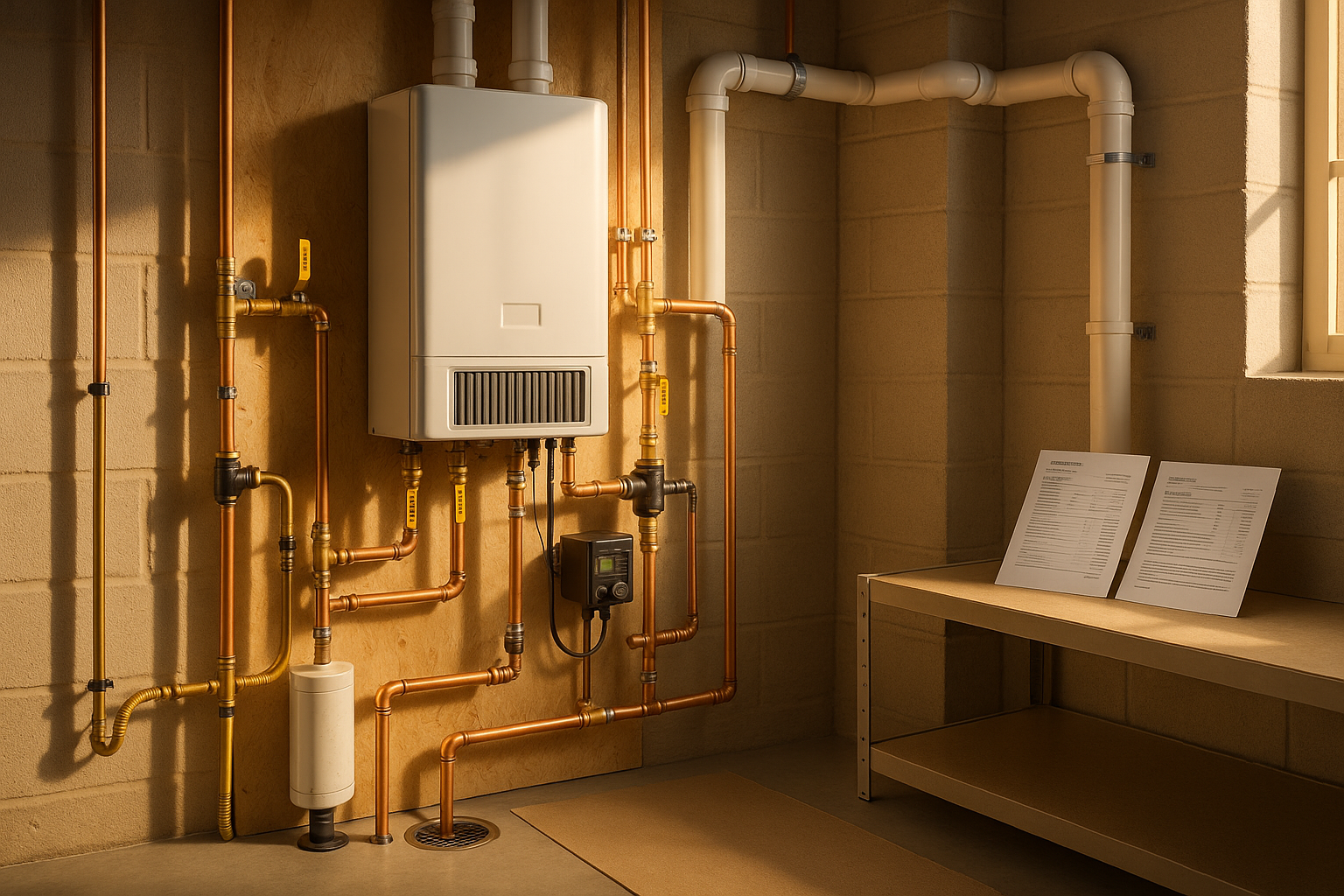 Mechanical closet with condensing tankless heater, labeled valves, copper and PEX, condensate neutralizer, printed plan, warm daylight.