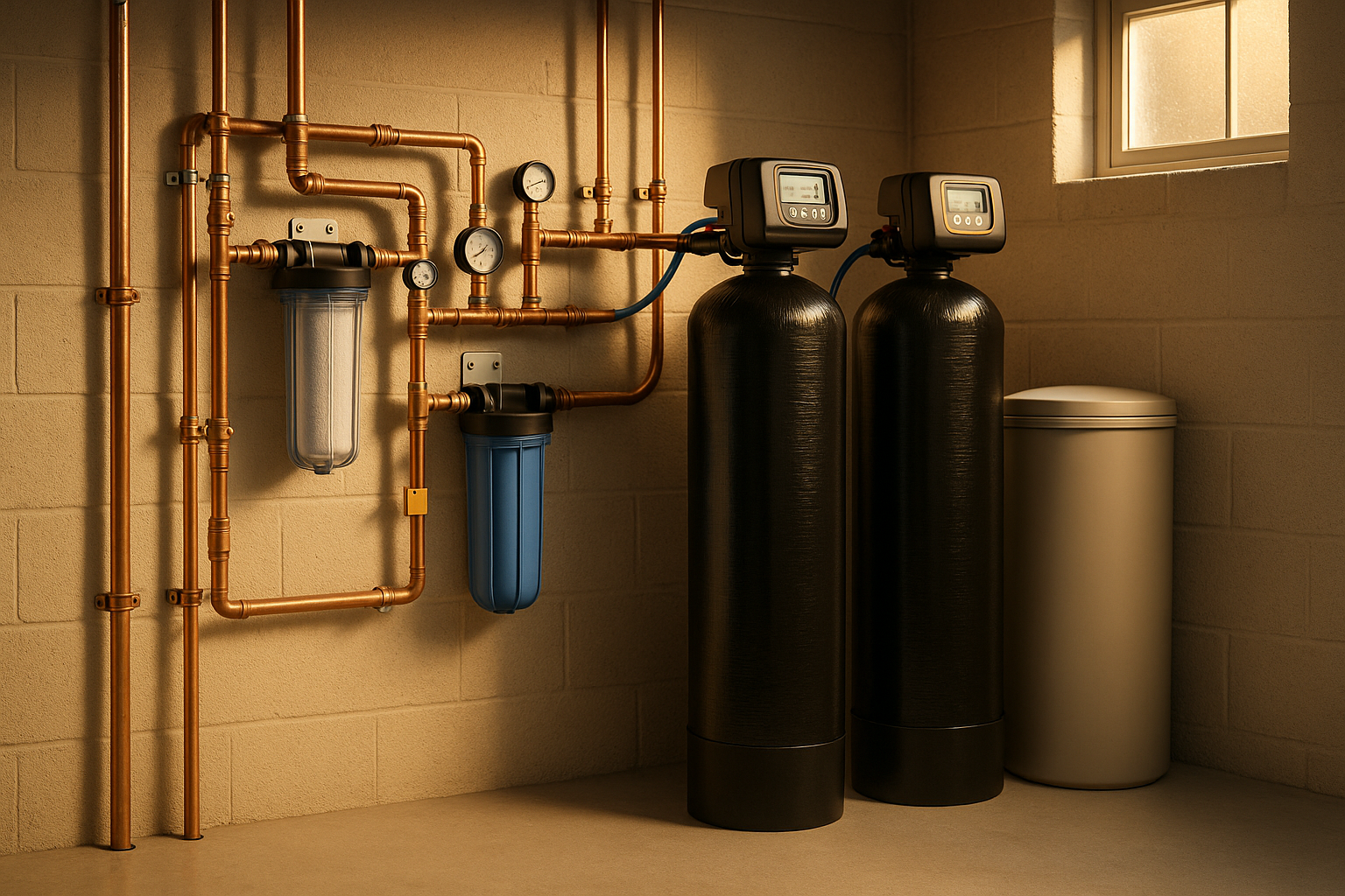 Basement utility room with whole-home media tanks, brine tank, prefilters, neat copper/PEX runs, and pressure gauge in warm daylight.