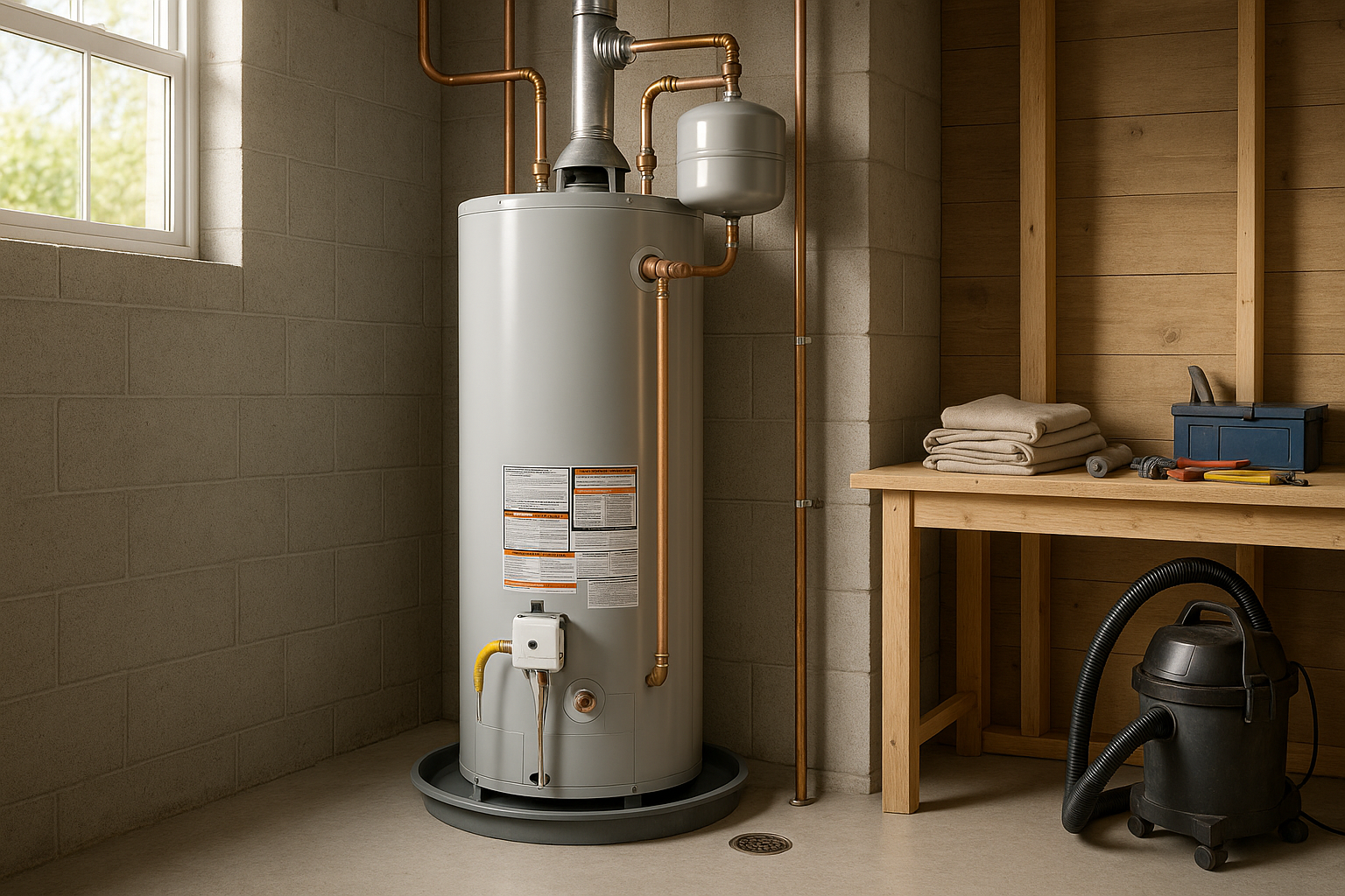 Finished-basement 40-gal gas water heater on drain pan, expansion tank, tidy workbench, warm natural daylight.