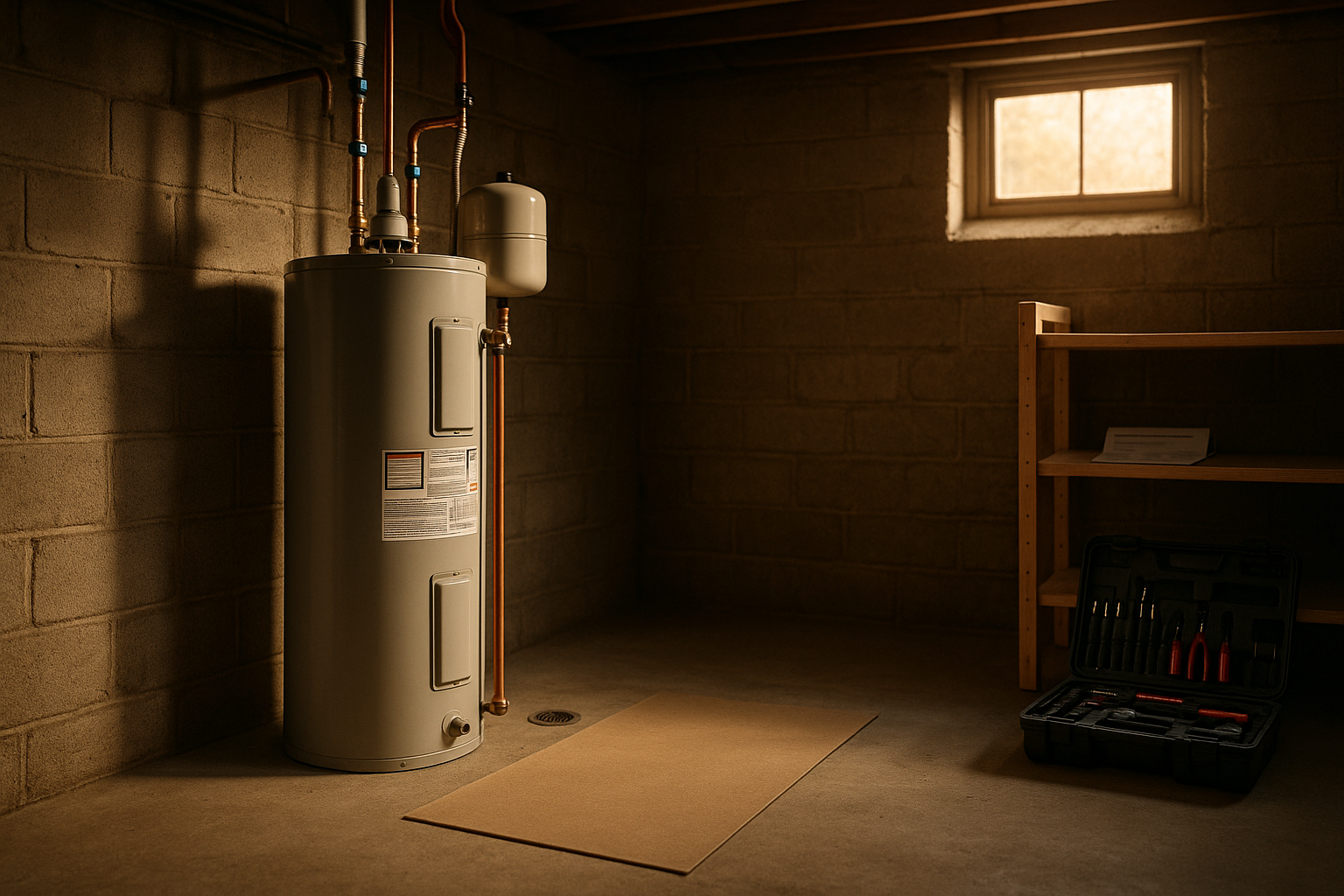 Basement with 40–50 gal tank, labeled connections, dielectric union, expansion tank, T&P to floor drain, warm golden-hour light.