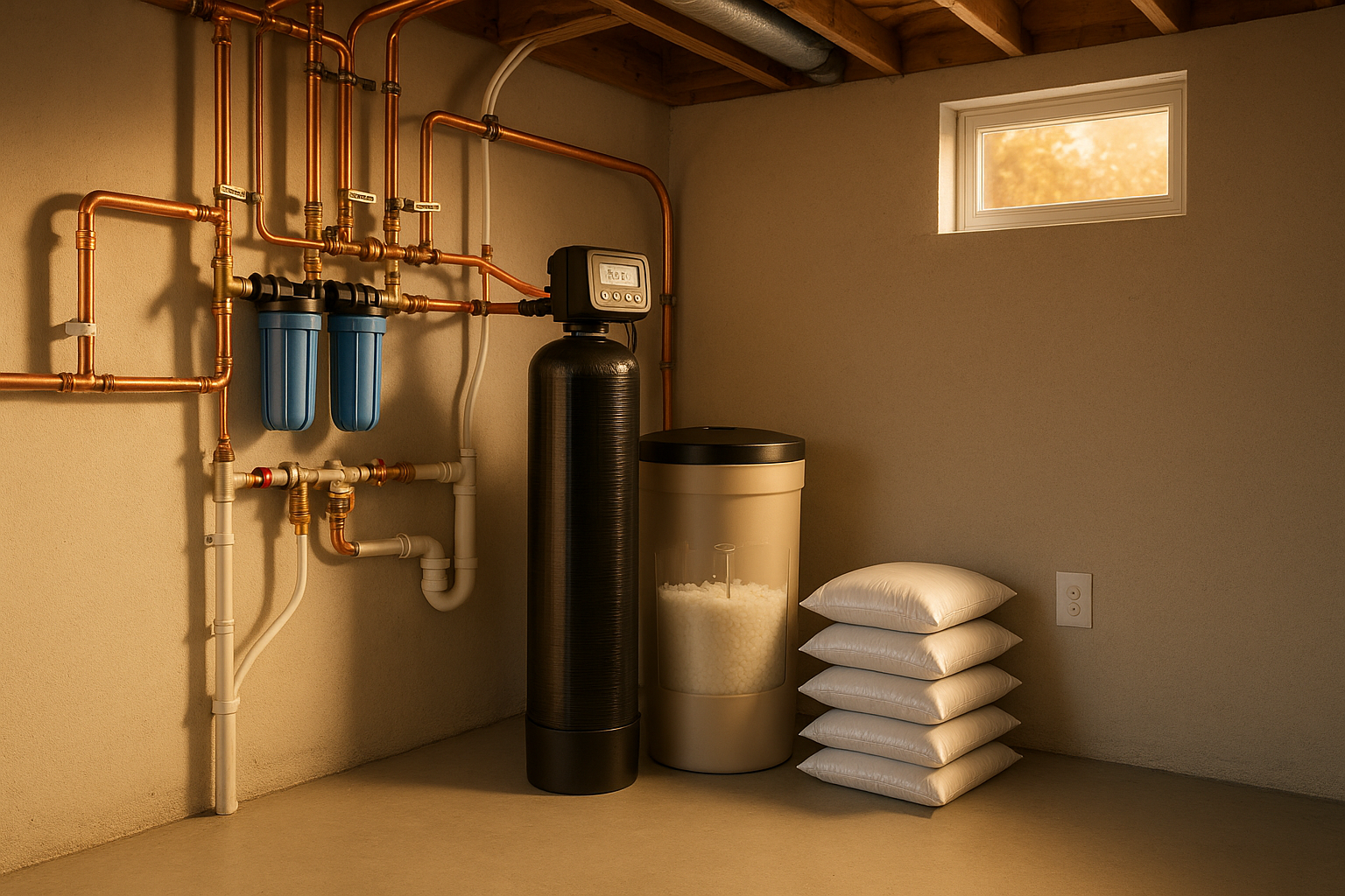 Finished basement with metered softener, brine tank, prefilters, PVC drain, GFCI outlet, stacked salt, warm daylight.