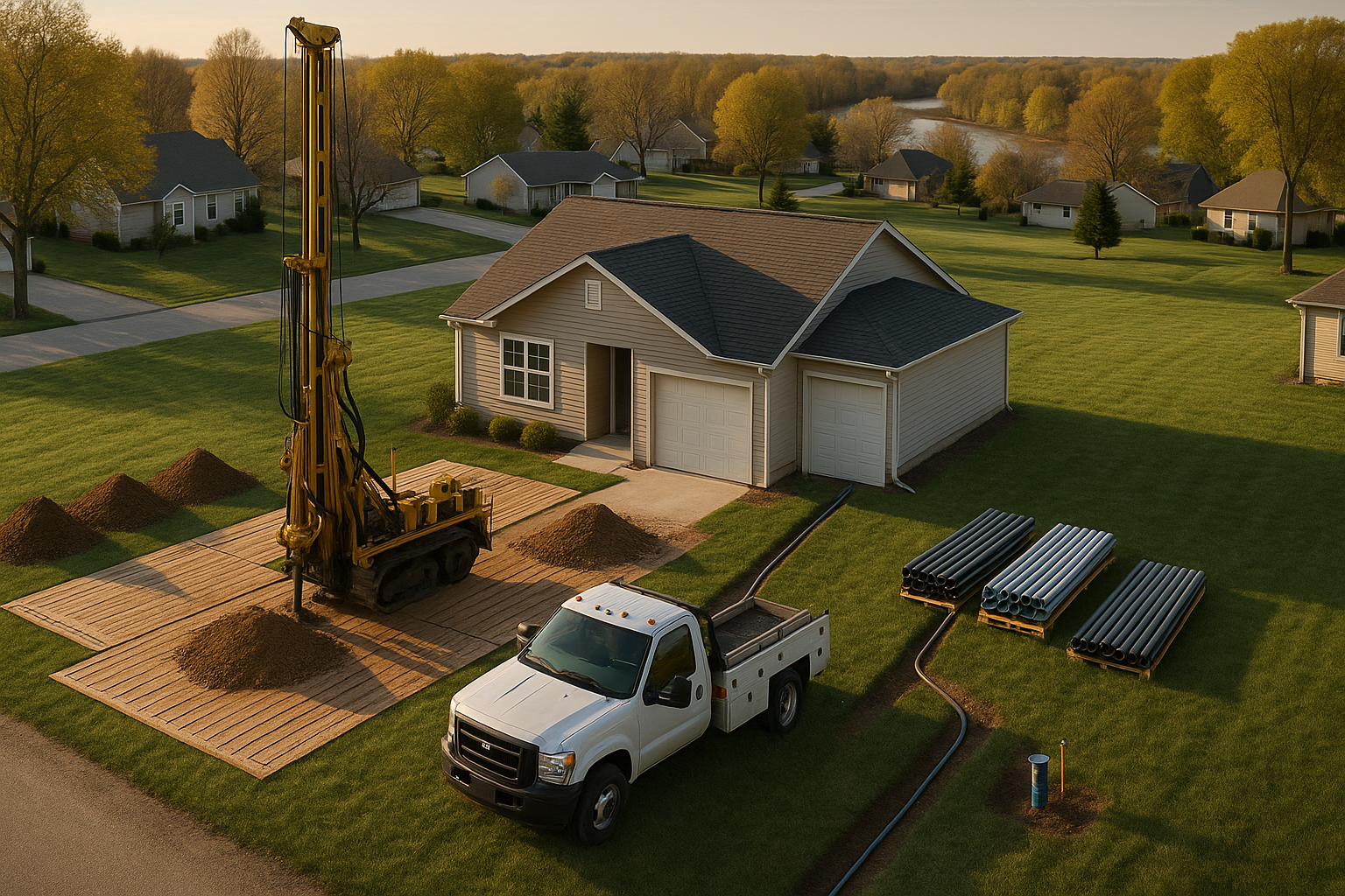 Aerial golden-hour view of a suburban lot with unoccupied drilling rig, truck, stacked casings, trench and access planning.