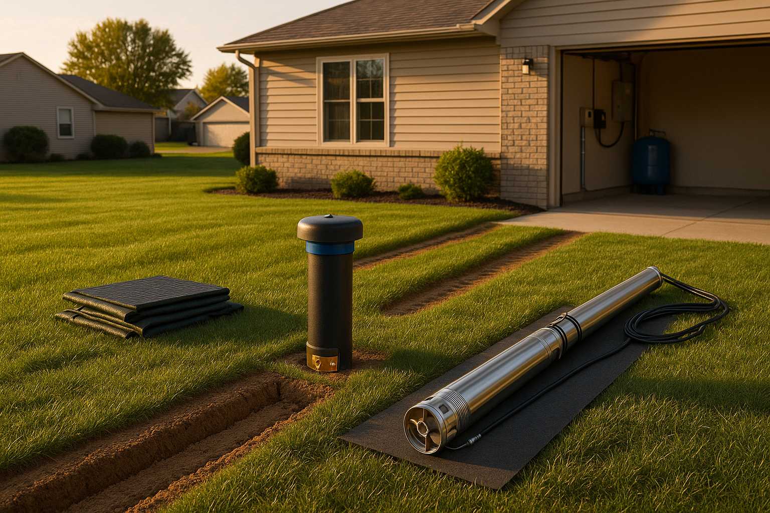 Golden-hour suburban yard with above-grade sanitary wellhead, brass pitless adapter, staged stainless pump and tidy compacted backfill.