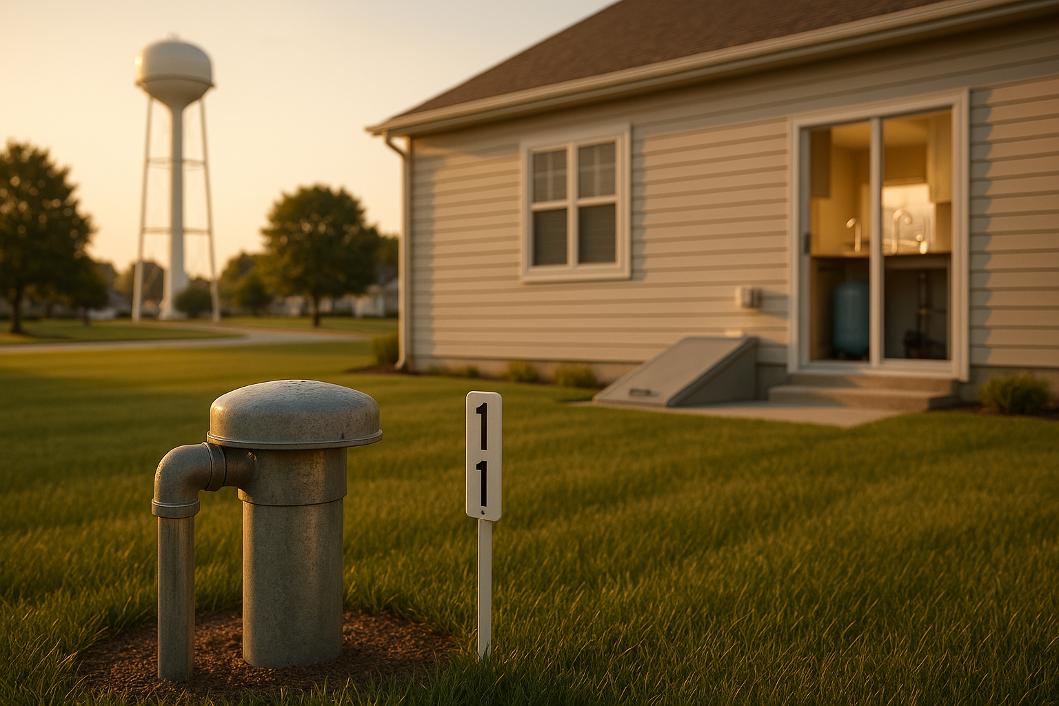 Wide suburban backyard and utility composition at golden hour showing private wellhead, house, utility glimpse and distant municipal water tower.