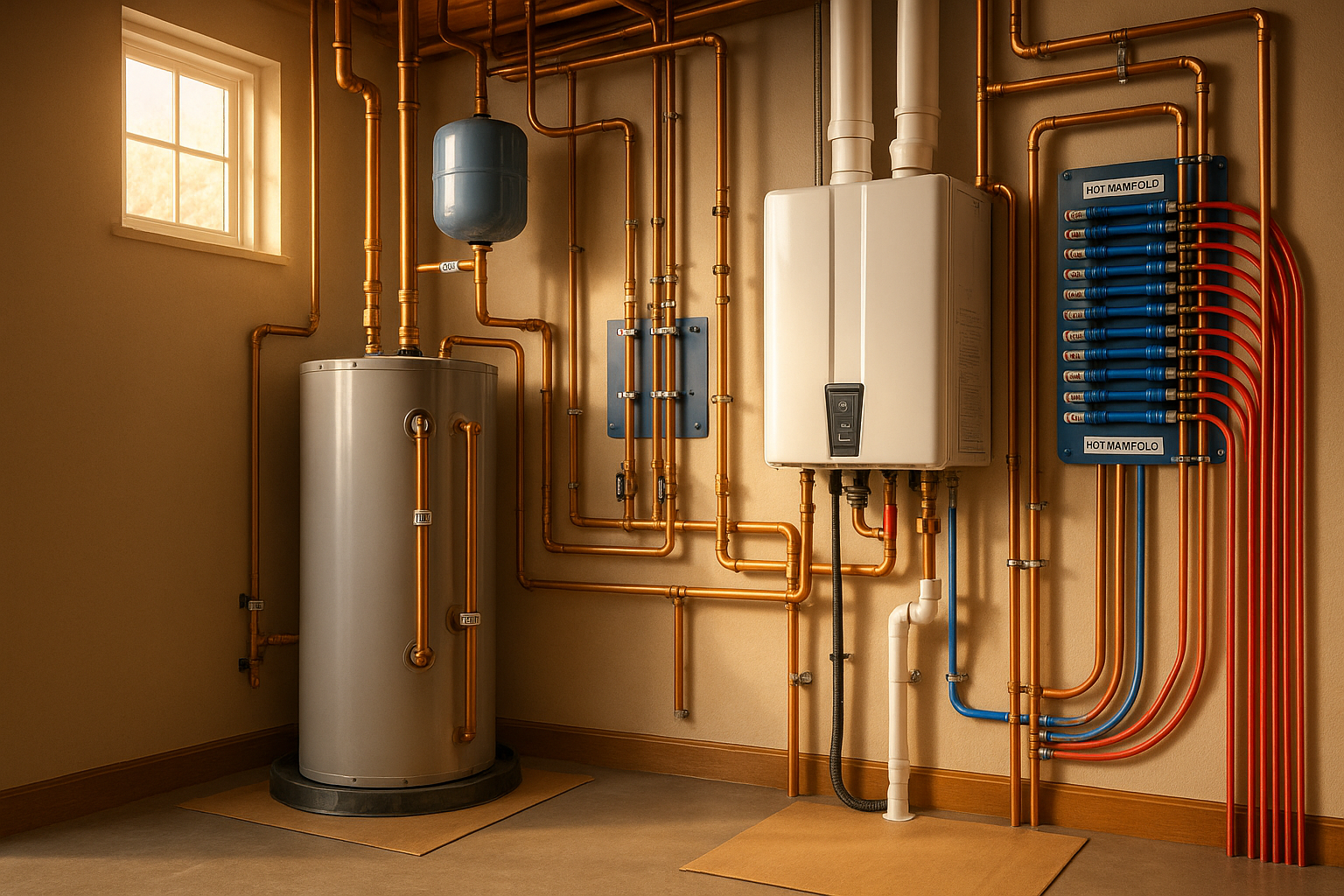 Finished basement mechanical room with tank and tankless water heaters, neat PEX-A and copper piping, labels, warm daylight.