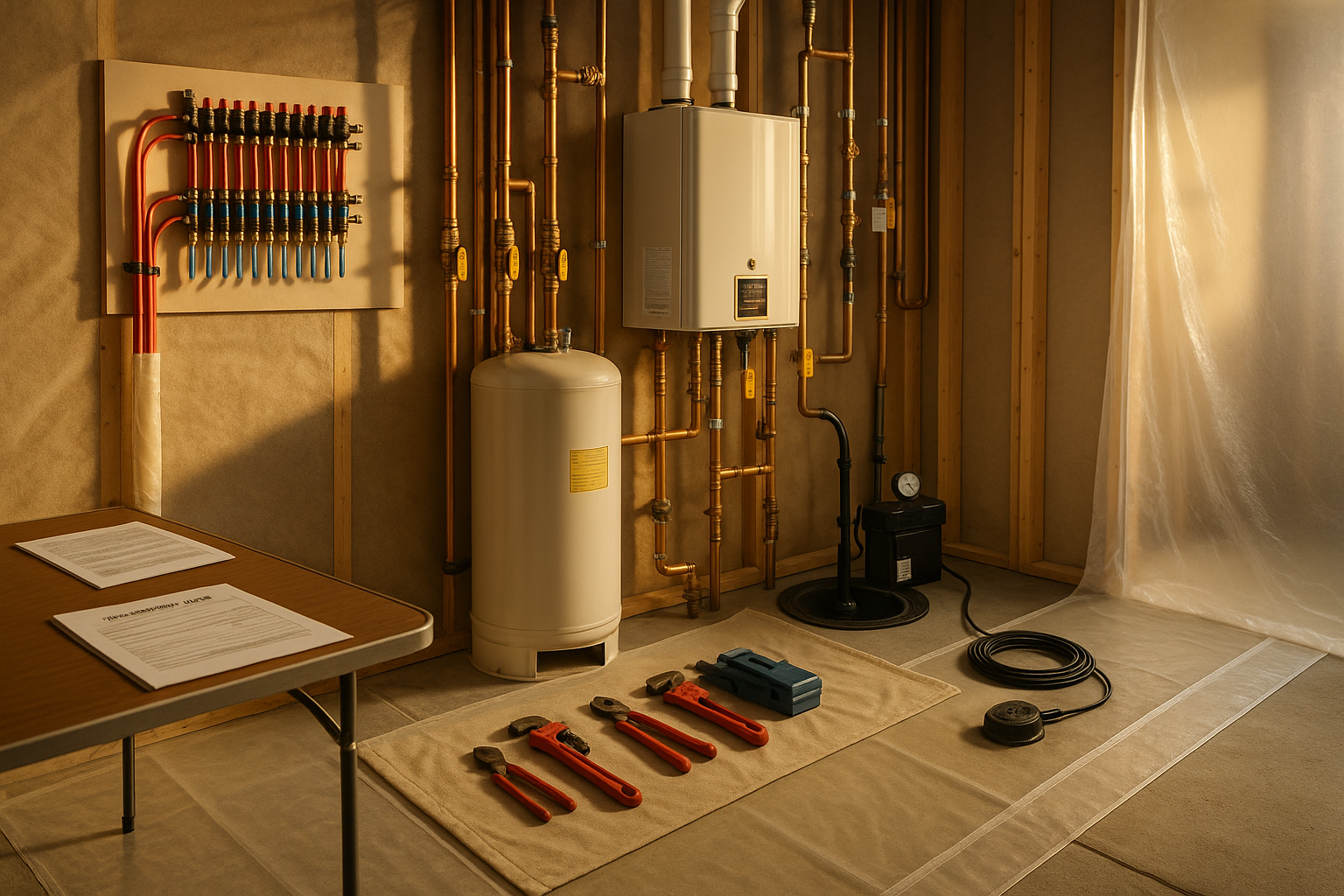 Finished basement mechanical room with PEX-A manifold, tank and tankless heaters, sump with backup, camera cable, paperwork, warm golden light.